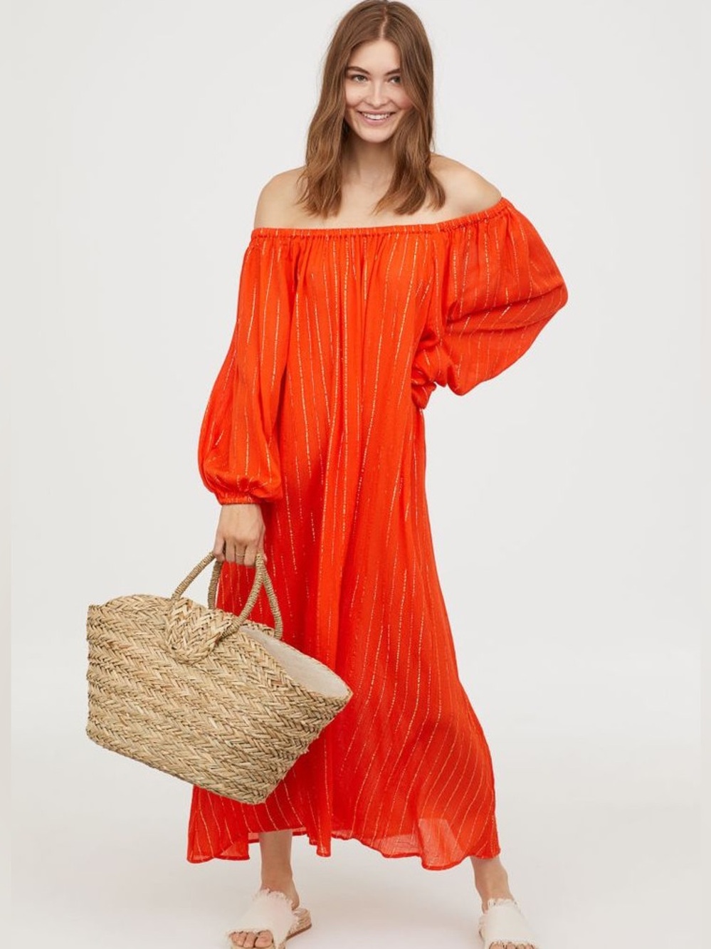 H&M Off The Shoulder Cotton Dress in Orange Cotton with Gold Stripes L